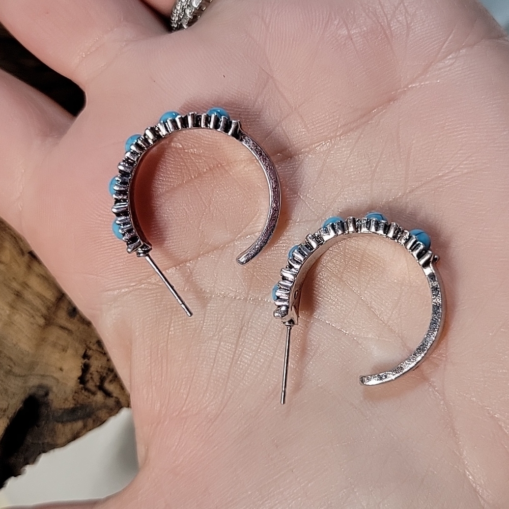 💥FLASH SALE💥Rustic Turquoise Half Hoop Earrings, S925 - Picture 7 of 8